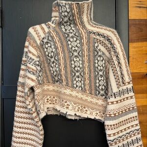 Cropped Turtleneck Fair Isle Sweater in Cream & Brown
